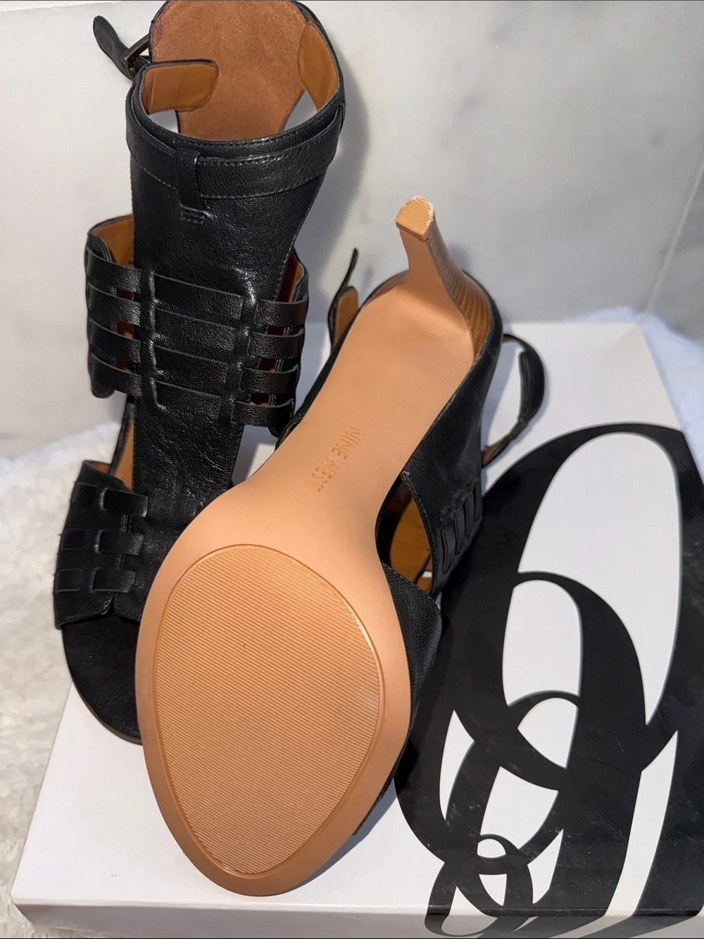 Nine West Black Leather Woven Strappy High Heels 8 1/2 nib